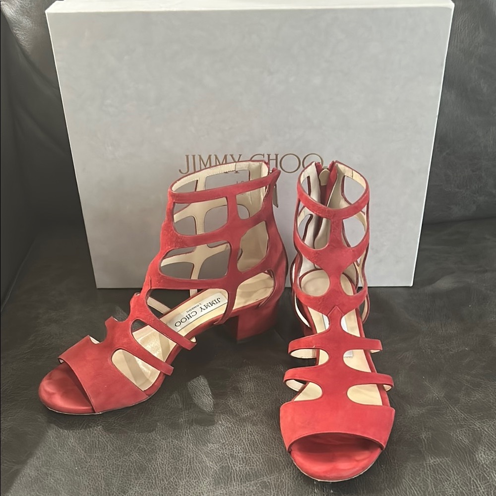 Vintage Jimmy Choo Red Ren Strappy SUEDE Women's Heels SIZE 36